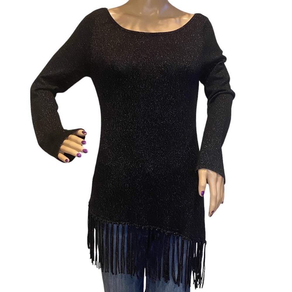 White House Black Market Sparkly Black Sweater with Fringe Hem Size Small EUC